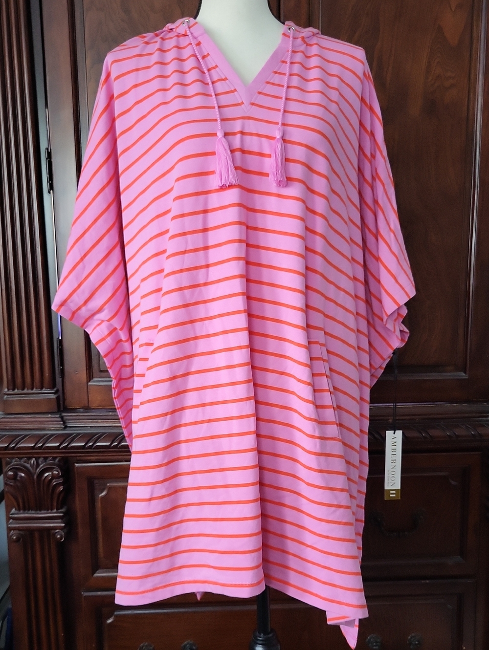 Ambernoon Pink and Orange Striped Hooded Cover-Up